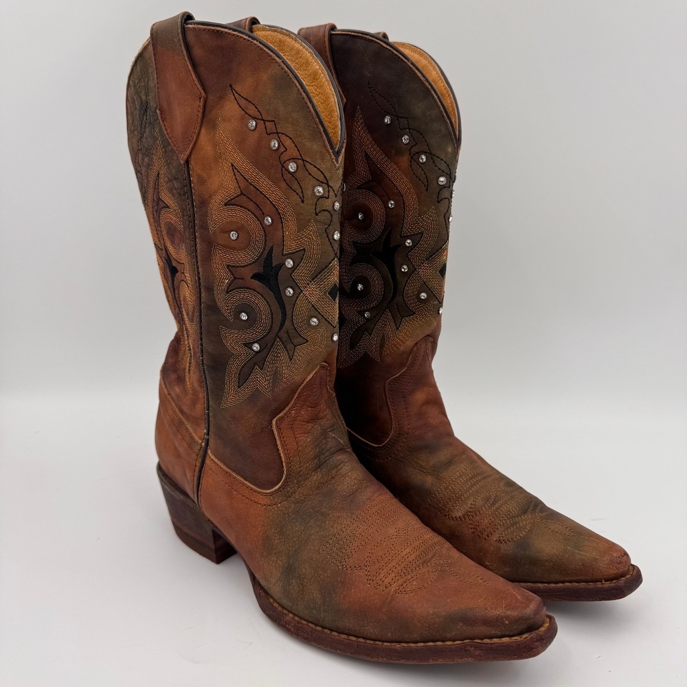 Gypsy Rose Rhinestone Embroidered Distressed Leather Western Cowboy Boots Size 8